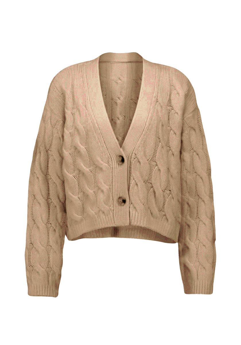 Die beigefarbene Kaschmir Strickjacke von Princess Goes Hollywood hat einen V-Ausschnitt, überschnittene Schultern, Zopfmuster, zwei dunkle Knöpfe, lange Ärmel und gerippte Bündchen und Saum für einen gemütlichen, entspannten Look.
