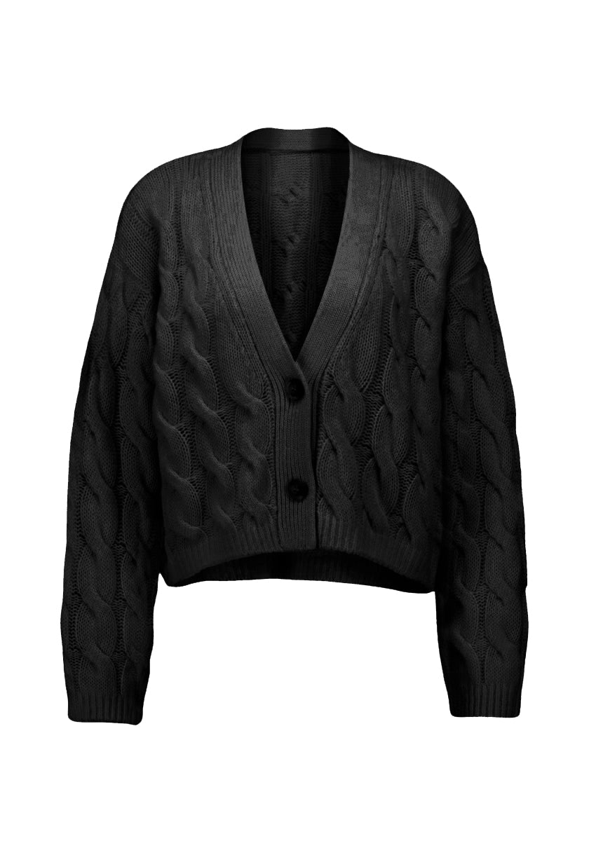 Die schwarze Strickjacke von Princess Goes Hollywood hat einen tiefen V-Ausschnitt, zwei große Knöpfe, überschnittene Schultern, lange Ärmel und einen leicht taillierten Schnitt mit geripptem Saum für einen entspannten, gemütlichen Look.