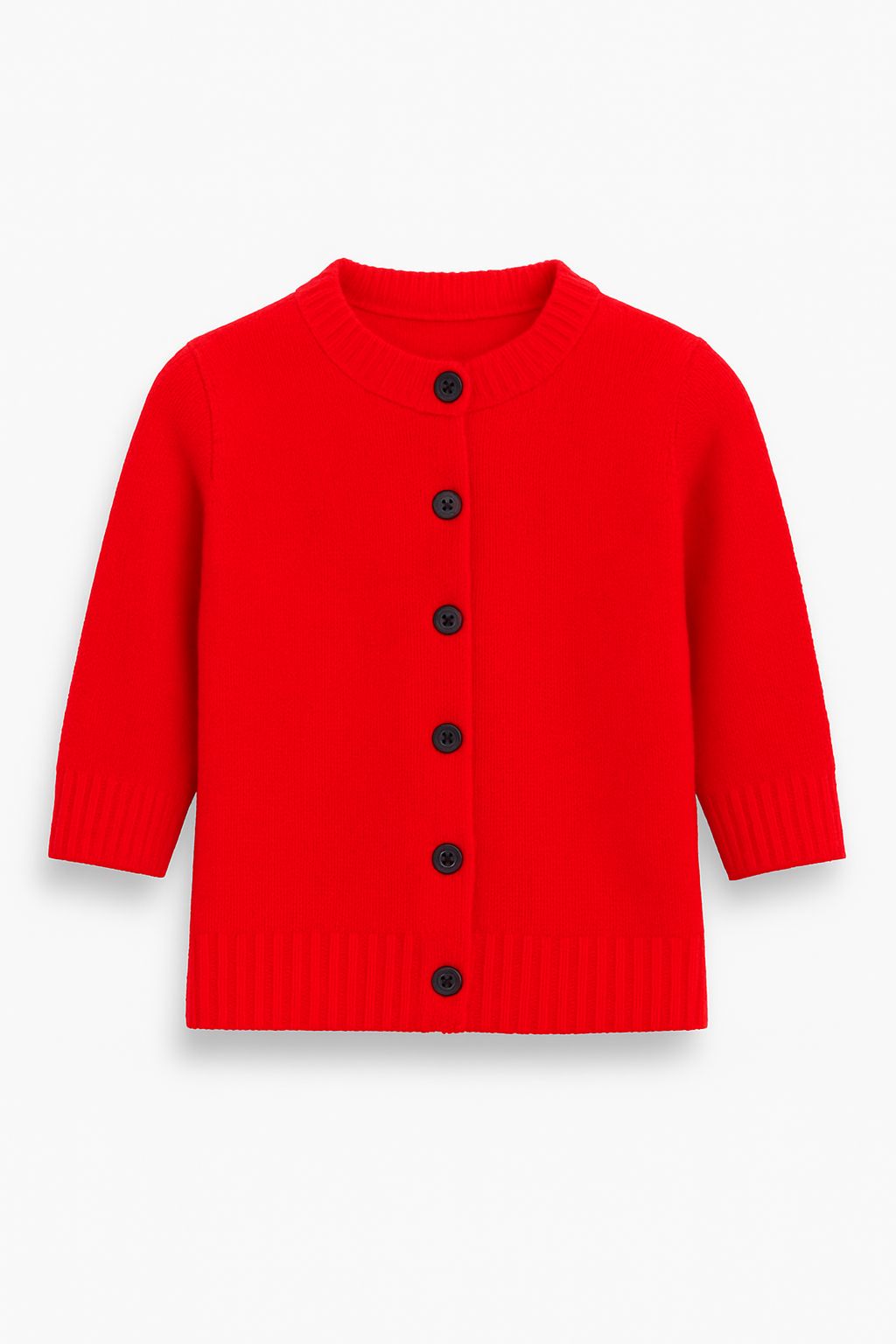 Ein leuchtend roter Kaschmir Strickpullover für Kinder von Princess Goes Hollywood mit Rundhalsausschnitt, Rippbündchen an Ärmeln und Saum und fünf schwarzen Knöpfen auf der Vorderseite präsentiert sich auf weißem Grund.