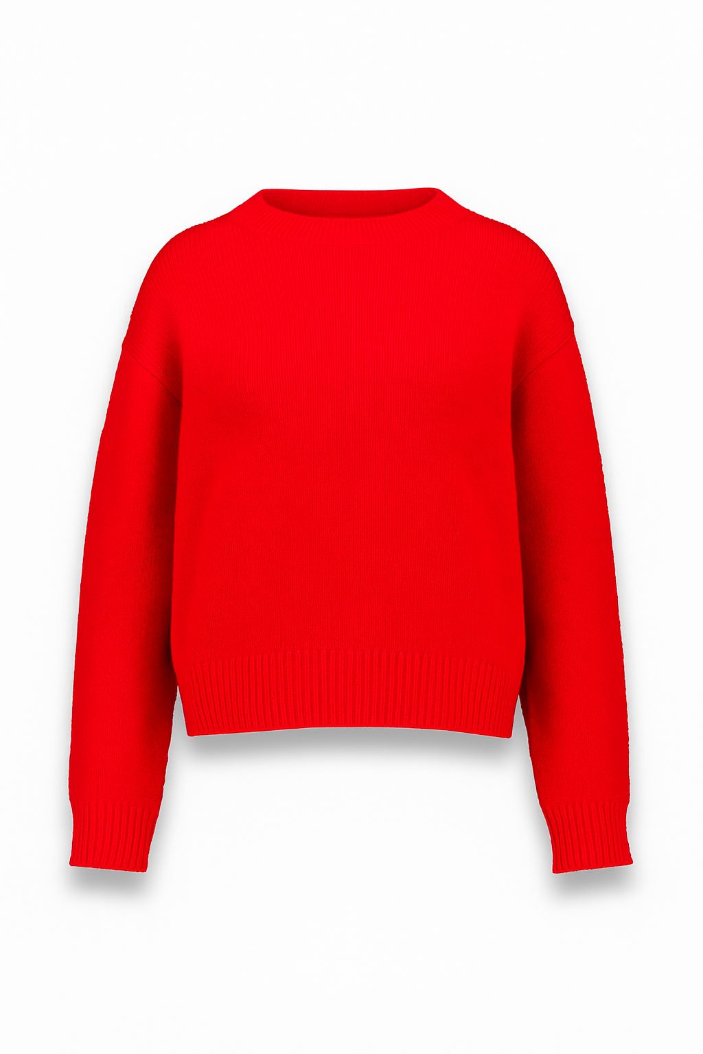 Ein leuchtend roter Kaschmir Strickpullover von Princess Goes Hollywood mit langen Ärmeln, Rundhalsausschnitt und gerippten Bündchen und Saum. Der Pullover ist auf weißem Grund abgebildet und hat eine lockere, kastenförmige Passform ohne sichtbare Muster oder Designs.