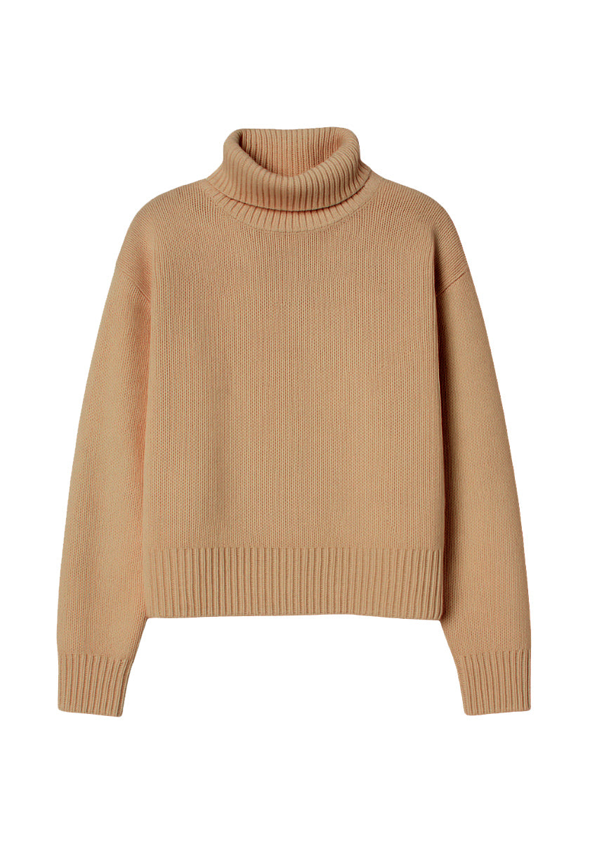 Ein beiger, langärmeliger Kaschmir Rollkragenpullover von Princess Goes Hollywood. Dieser locker geschnittene Strickpullover Damen hat einen dicken gerippten Kragen, Manschetten und Saum mit gemütlichem, strukturiertem Strickmaterial.