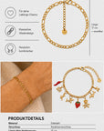 Präsentiert werden zwei Goldketten-Armbänder der Marke Princess Goes Hollywood – ein elegantes Gliederarmband und ein Edelstahlarmband mit sechs farbenfrohen Anhängern. Eine Hand setzt das schlichte Gliederarmband stilvoll in Szene. Anschließend werden die Produktdetails angezeigt, die Merkmale wie die verstellbare Länge und den hochwertigen Edelstahl hervorheben, ergänzt durch Symbole und deutschsprachige Beschriftungen.