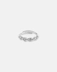 A thin, adjustable Princess Goes Hollywood Edelstahl Ring with a shiny, twisted rope design is displayed on a light gray background, highlighting the intricate details along its open-ended band.