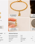 Eine Collage zeigt einen kleinen goldenen Kirschanhänger (9 mm) von Princess Goes Hollywood an einem Edelstahlarmband, als Ohrring, in der Hand und neben einer 1-Franc-Münze; Produktdetails und Spezifikationen heben dieses personalisierbare Schmuckstück hervor.