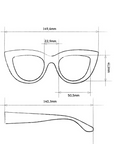 Technische Zeichnung der Okkia Damen Sonnenbrille: Cat-Eye Brille mit UV 400 Schutz. Vorderansicht: Rahmenbreite 149,6 mm, Glasbreite 50,5 mm, Steg 22,9 mm, Glashöhe 41,1 mm; Seitenansicht: Bügellänge 140,3 mm; schwarze Konturen auf weißem Grund.