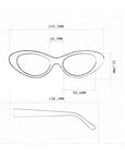Okkia technical drawing: cat-eye glasses, 145.5mm wide, 32.7mm high, nose bridge 18.7mm, lens width 50.6mm, temple length 138.1mm; top view shows front, side view highlights the curved arm design.