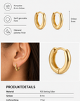 Polierte, kleine, runde Gold-Creolen (Ohrringe), die sowohl im Ohr als auch einzeln in Nahaufnahme abgebildet sind. Eine Abbildung verdeutlicht das schlichte, kompakte Design dieser 8-mm-Creolen von Princess Goes Hollywood. Zu den Produktdetails gehören Material (925er Sterlingsilber), Größe (8 mm), Set-Anzahl und Farbe (Gold).
