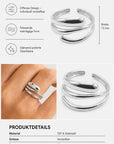Collage, die einen silberfarbenen, verstellbaren Ring aus Edelstahl von Princess Goes Hollywood mit polierter Oberfläche zeigt. Nahaufnahmen verdeutlichen die Breite von 13 mm, das fließende und minimalistische Design sowie die Wirkung am Finger. Der deutsche Text enthält Angaben zu Material, Größe, Breite und Farbe.
