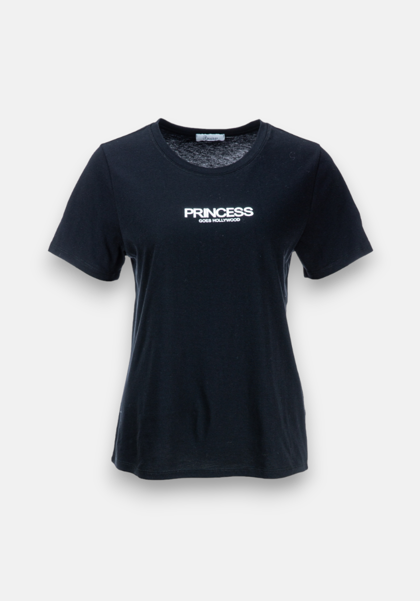 A plain black cotton short-sleeve t-shirt by Princess Goes Hollywood with a crew neck. PRINCESS is printed in large white letters on the chest, above smaller text reading SAVE YOURSELF. Light gray background.