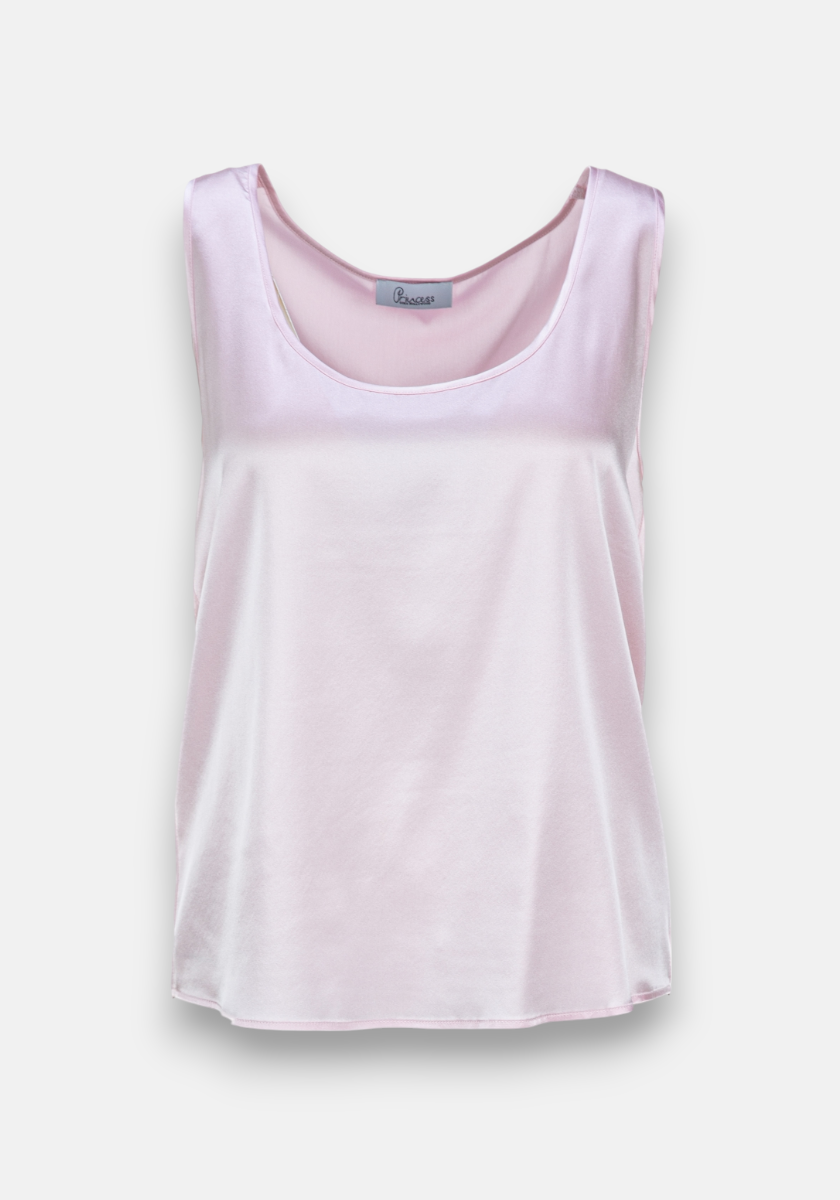 A sleeveless, light pink satin camisole by Princess Goes Hollywood with a round neckline and relaxed fit, shown on a white background. The silk-blend fabric has a smooth, shiny texture that softly reflects light.