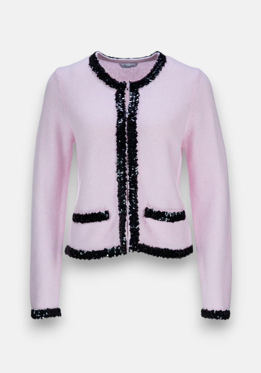 Princess Goes Hollywood presents a light pink, long-sleeve, collarless knit cardigan in fine wool and cashmere with black sequin trim on the neckline, front opening, hem, cuffs, and two small front pockets for subtle elegance.