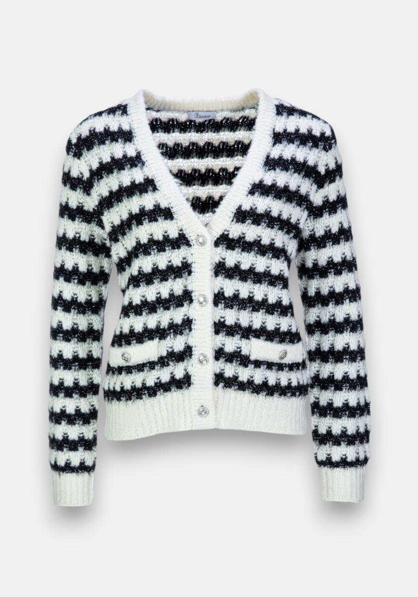 Princess Goes Hollywood long-sleeve V-neck Grobstrickjacke with black and white zigzag stripes, front buttons, two small pockets, and soft textured fabric accented by subtle Lurexfäden for a touch of shimmer.