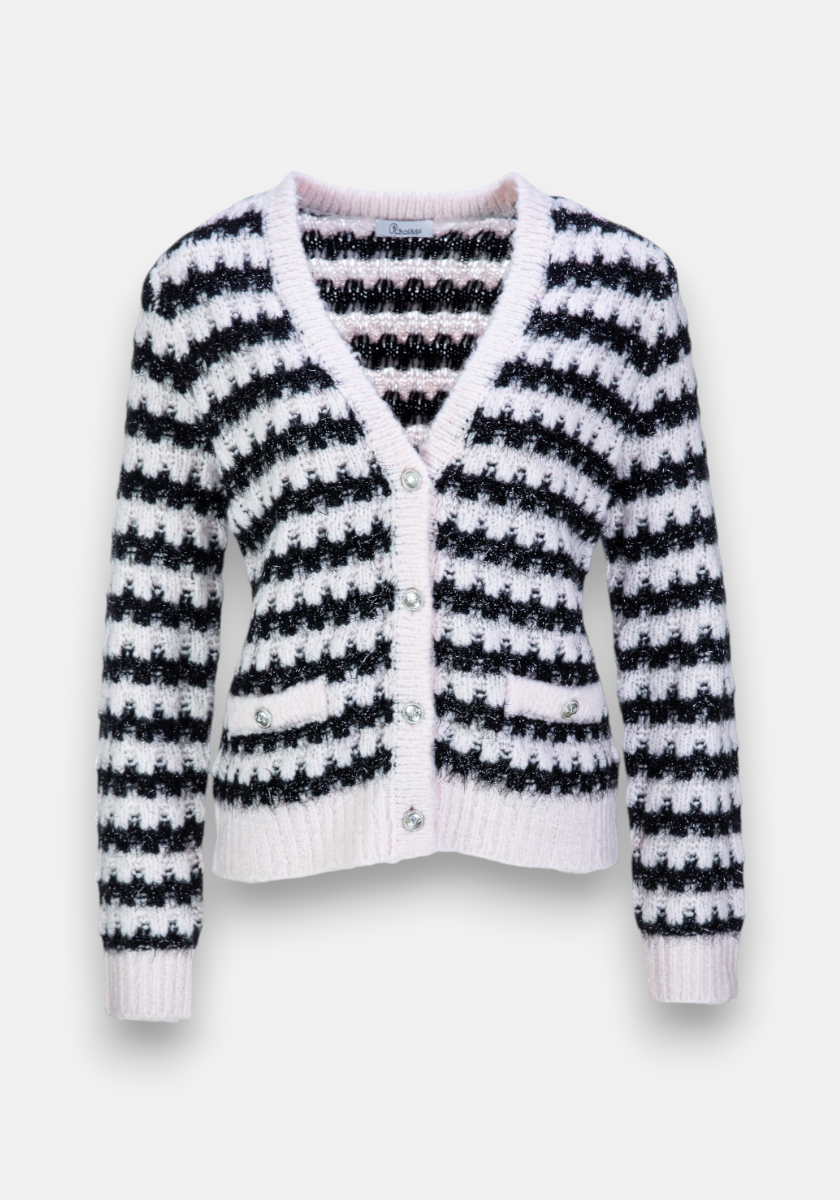 A fuzzy, button-up Grobstrickjacke by Princess Goes Hollywood with a V-neckline, black and white stripes, two small front pockets, and shiny round buttons. The soft textured fabric stands out against the plain white background.