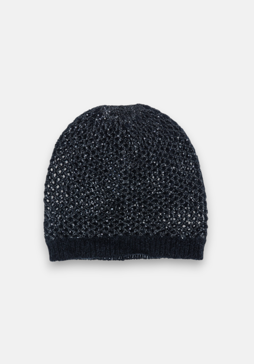 A dark navy blue beanie by Princess Goes Hollywood, crafted from an alpaca blend with a textured open-weave pattern and ribbed band, is shown flat on a light gray background.