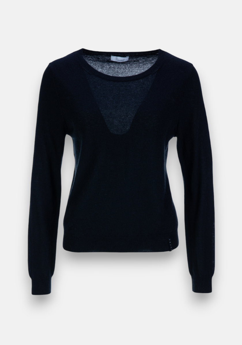 A black Princess Goes Hollywood cashmere pullover featuring long sleeves, a deep V-neck, and fitted cuffs. The lightweight fabric is subtly sheer at the neckline and sleeves for an elegant, classic look.