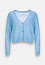 A light blue, long-sleeve Strickjacke from Princess Goes Hollywood with a V-Ausschnitt and three front buttons. Made of soft fabric, it has ribbed hem, cuffs, and neckline. The cardigan is shown against a plain white background.