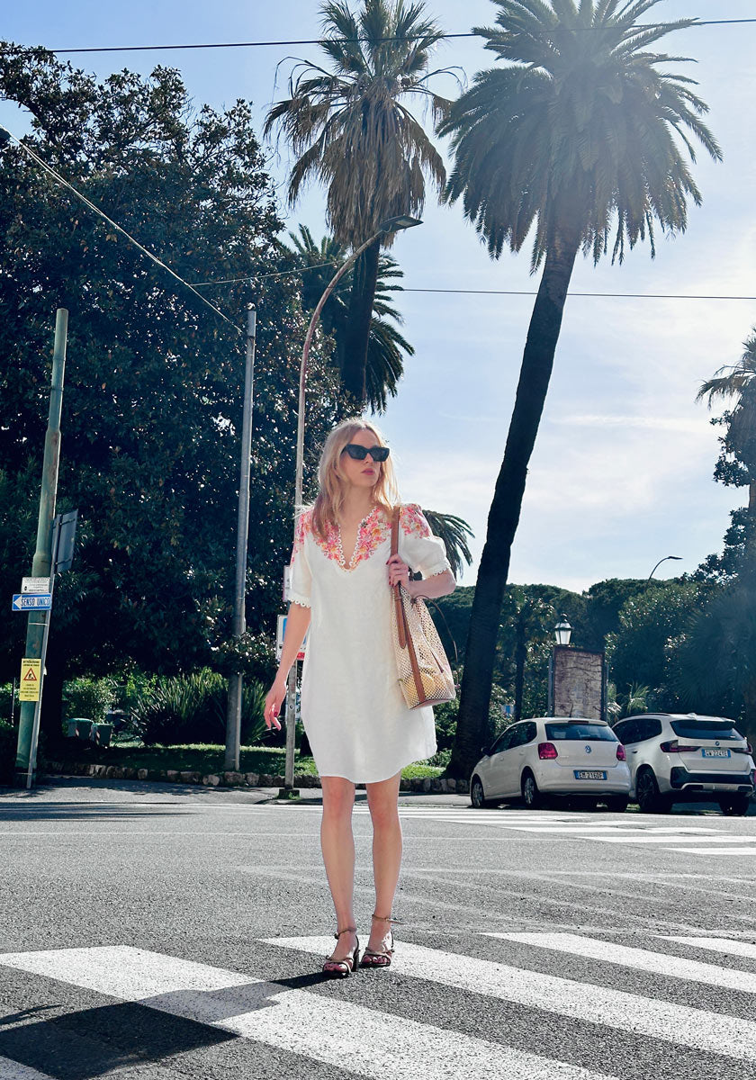 linen dress with floral neckline