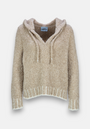 The Frogbox by Princess Grobstrick-Hoodie features a beige textured knit, V-neck with drawstrings, ribbed cuffs and hem, white contrast stitching, and a relaxed fit. Soft fuzzy fabric and a visible neckline label add cozy appeal.