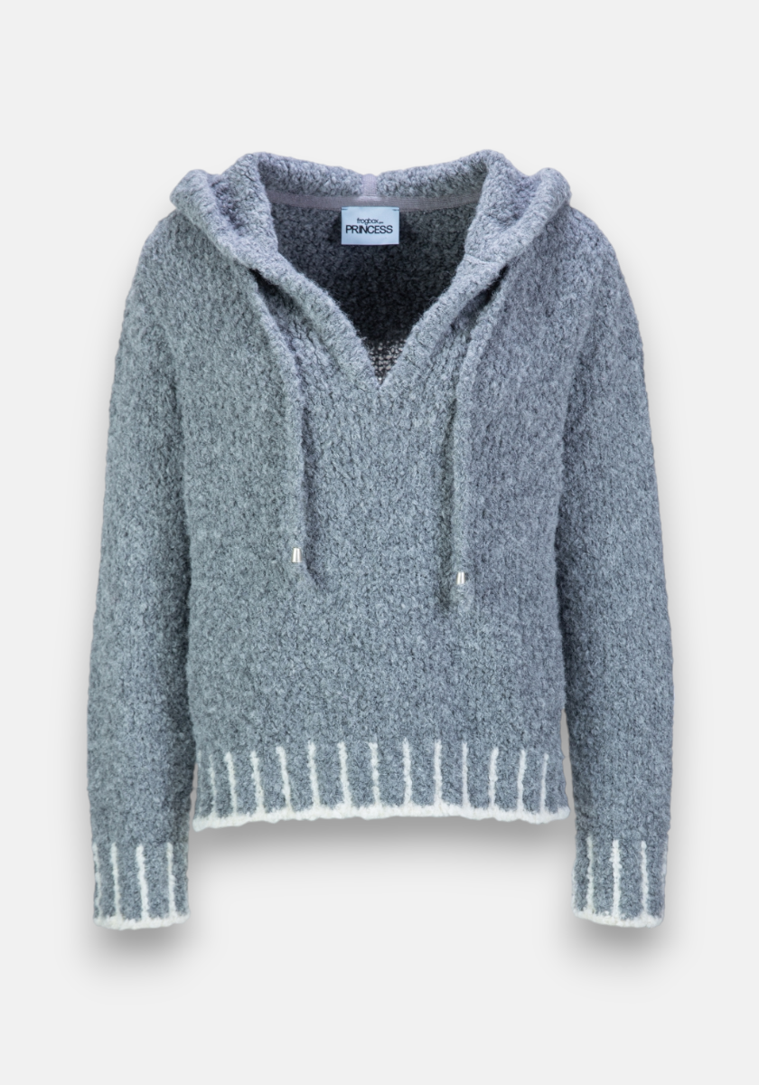 Der Grauer Strickhoodie mit Kontrastnähten von Frogbox by Princess besteht aus Alpaka-Wollmix, hat einen V-Ausschnitt, Kordeln, weiße Kontrastnähte an Saum und Bündchen sowie eine dunkelgraue Kapuzeninnenseite.