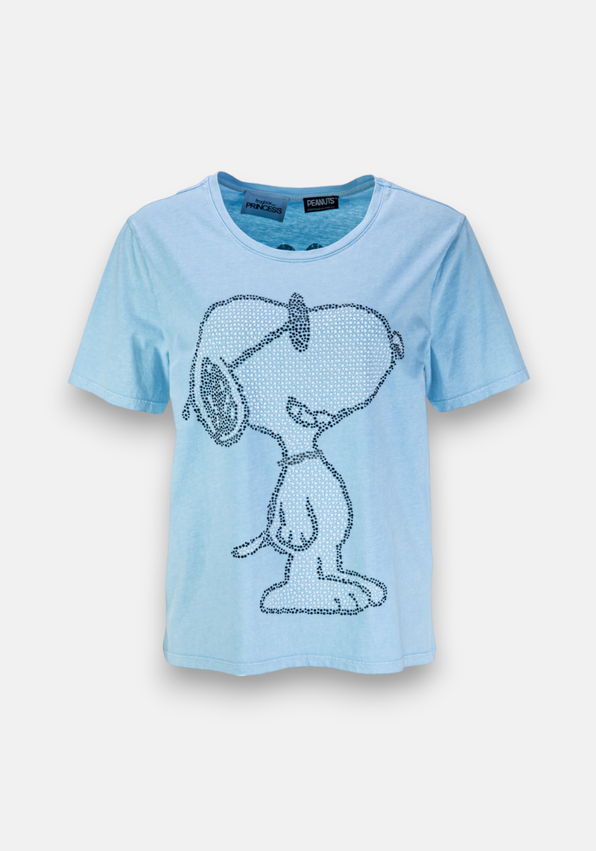 The Blaues T-Shirt Snoopy Joe Cool by Frogbox by Princess is a light blue cotton short-sleeve tee with a large Snoopy print in black dots on the front, round neckline, and relaxed fit, shown against a white background.