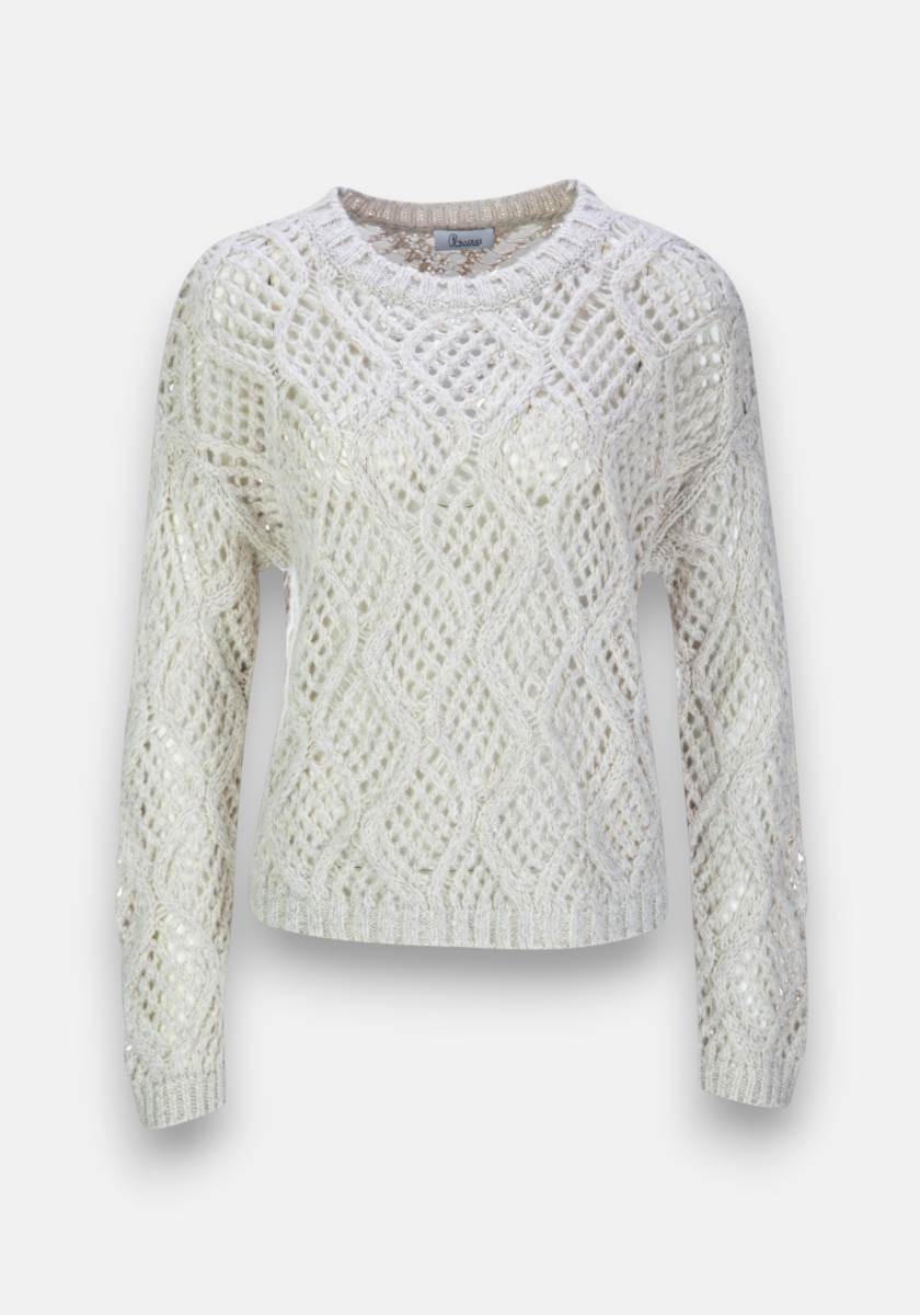 Champagnerfarbener Pullover im Ajourstrick