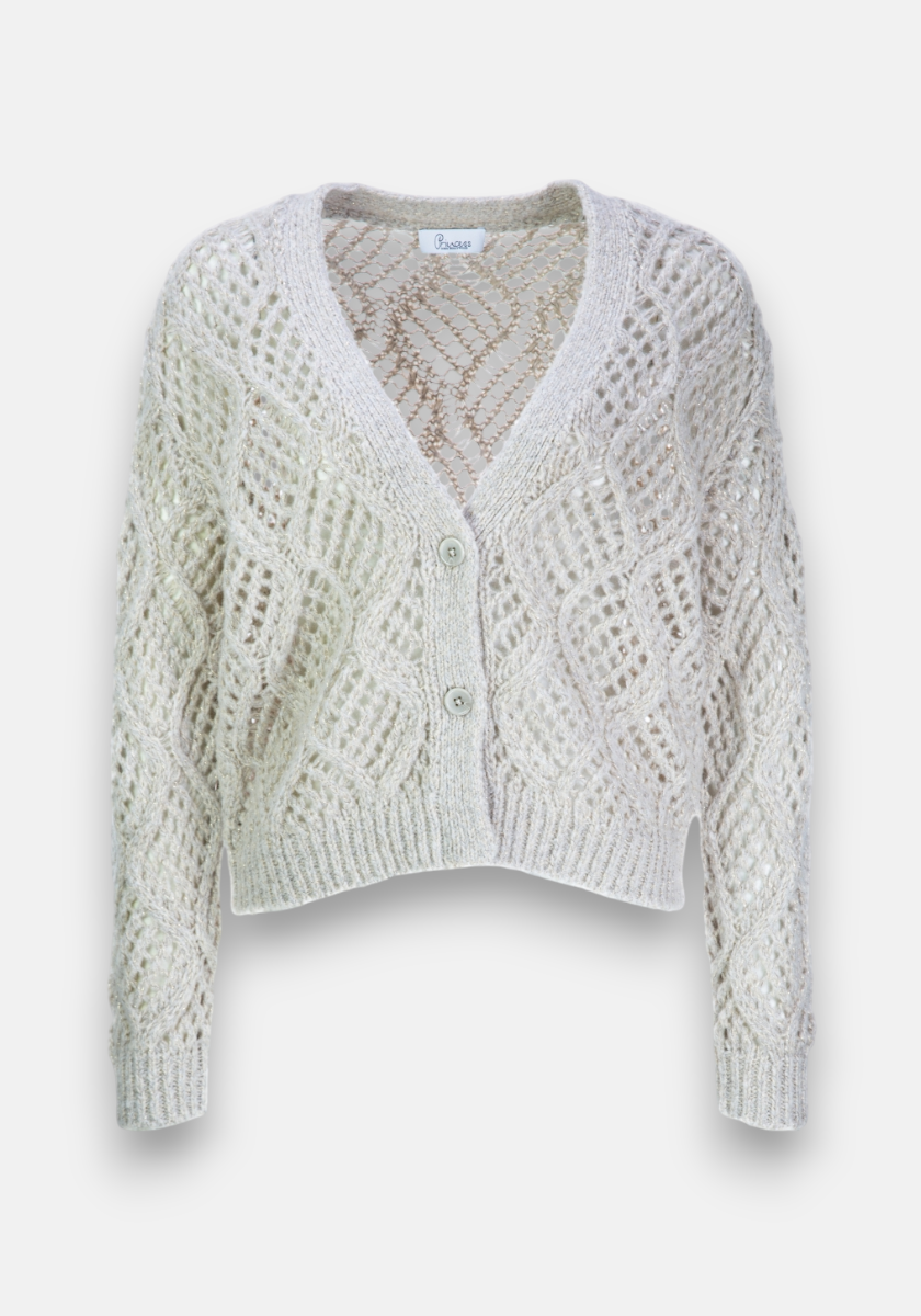 Princess Goes Hollywood cream cropped cardigan in a Merino-Kashmir blend. Features open-knit diamond pattern, long sleeves, deep V-neck, two white buttons. Soft, slightly sheer fabric. Plain white background.