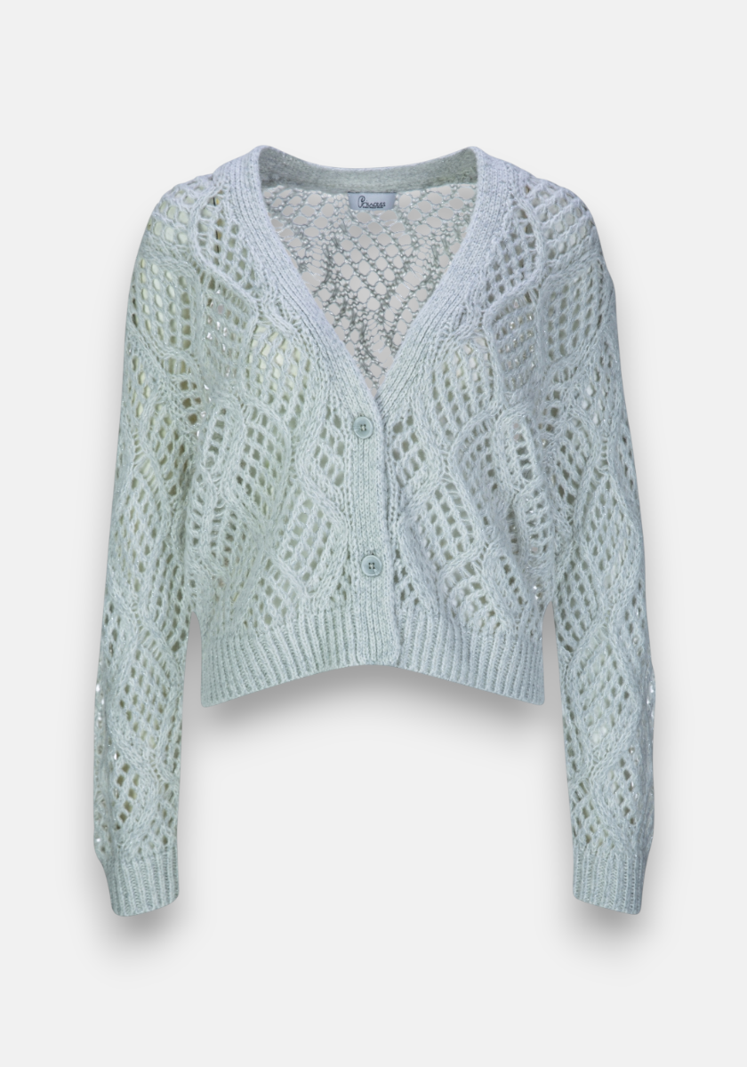 Princess Goes Hollywood light gray ajourstrick cropped cardigan with a diamond openwork pattern, V-neck, long sleeves, ribbed cuffs and hem, two front buttons, and a slightly loose textured fit.