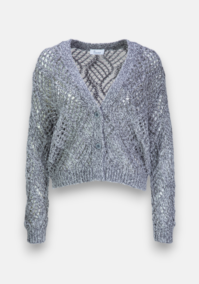 A cropped, long-sleeve cardigan by Princess Goes Hollywood in gray, loosely knit yarn with a see-through openwork pattern, Lurex shimmer, V-neckline, ribbed hem and cuffs, and two front buttons.