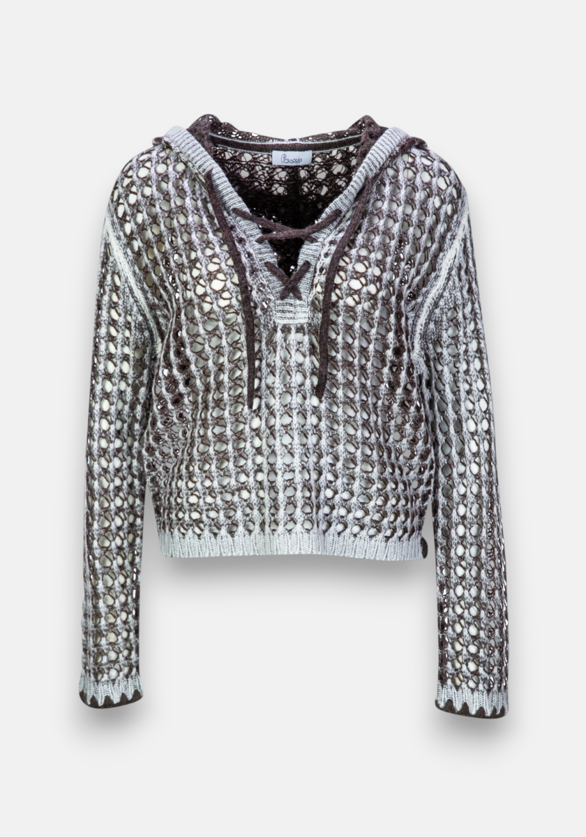 This Princess Goes Hollywood long-sleeve hooded sweater has a loose Ajourstrick mesh in gray and white, a lace-up V-neck with black drawstrings, and ribbed hem and cuffs. Set against a plain light gray background.