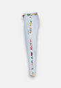 The Princess Goes Hollywood Sweathose Erdbeere are white slim-fit sweatpants with a colorful floral stripe along the leg and waistband, “PROGRESS” printed near the pocket, and feature an elastic waistband with drawstring.