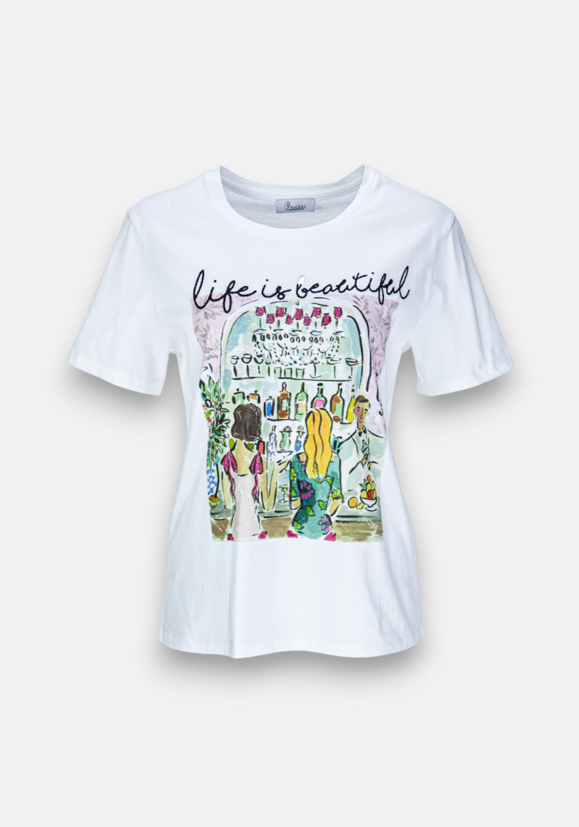 The Princess Goes Hollywood T-Shirt Life is Beautiful is a white cotton tee with a classic crew neck, depicting three women at a bar with vibrant bottles and “Life is beautiful” written above on a light grey background.