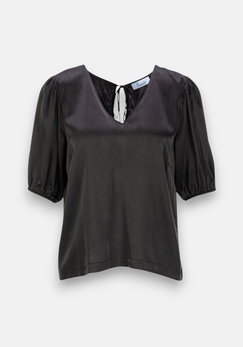 Princess Goes Hollywood black short-sleeved silk blouse with V-neckline, balloon sleeves, subtle sheen, and tie detail at the back. Soft fabric drapes gently for a relaxed yet fitted silhouette. Shown on a plain white background.