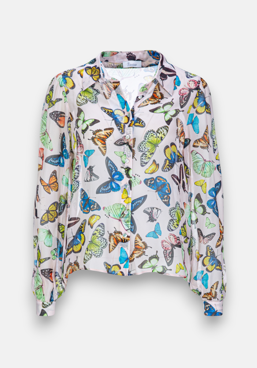 A long-sleeve blouse from Princess Goes Hollywood with a white background and a colorful butterfly print in blue, green, orange, and yellow. Features a classic shirt collar and a comfortable loose fit.