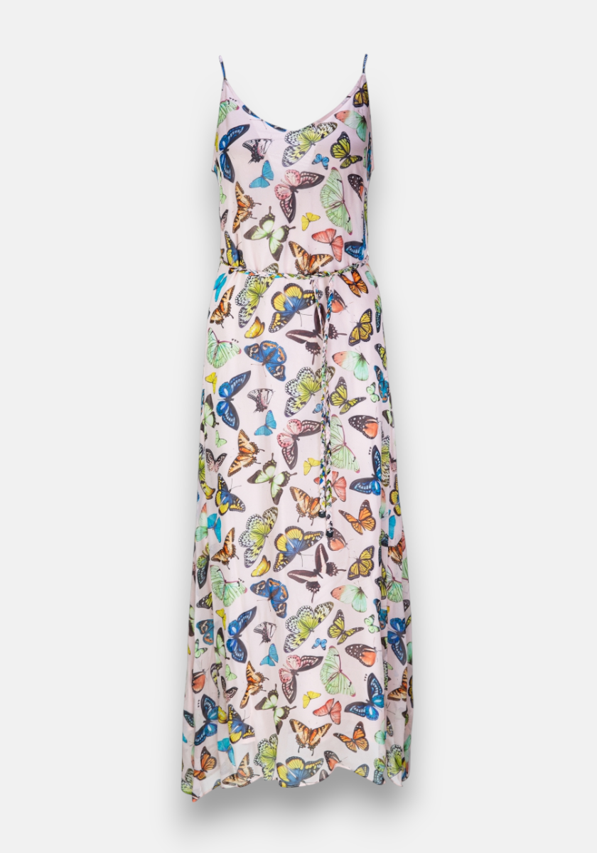 A sleeveless midikleid from Princess Goes Hollywood features thin straps, scoop neckline, tie belt, and a white fabric with an allover print of colorful butterflies in blue, orange, yellow, pink, and green.