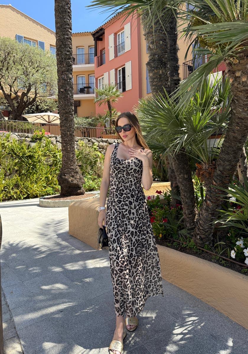 Langes Mesh-Trägerkleid Leopard