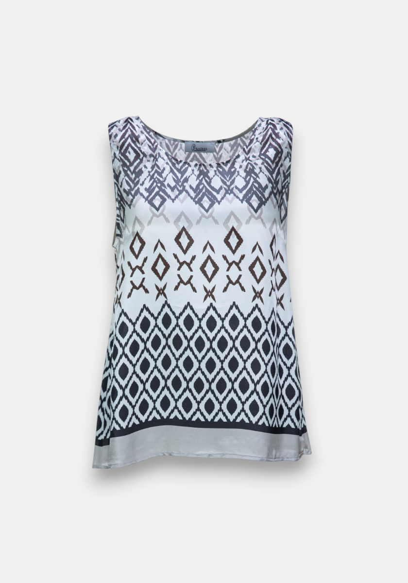 Princess Goes Hollywood sleeveless blouse with a loose fit, geometric black and brown print on white, round neckline, straight hem, and lightweight fabric with silk blend for a subtle shine.