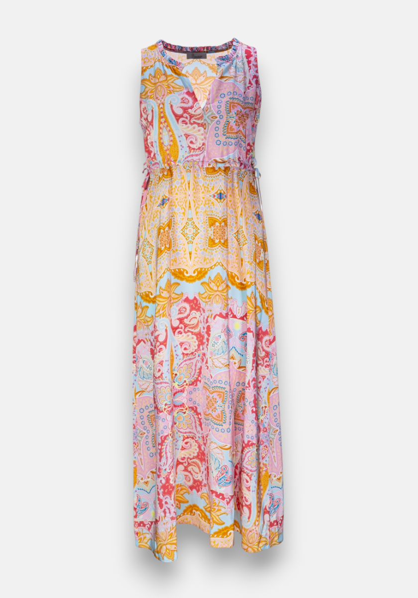 Princess Goes Hollywood sleeveless maxi dress featuring an allover paisley and patchwork print in pink, yellow, orange, and blue. Includes a round neckline, fitted bodice with drawstring waist, and flowing ankle-length skirt.