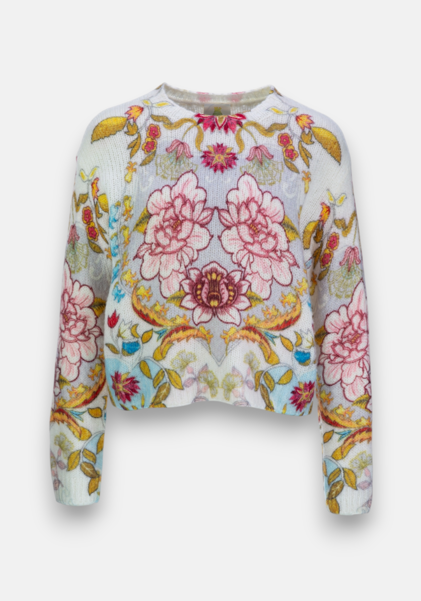 A long-sleeve, white Strickpullover mit Merinoanteil by Princess Goes Hollywood features a retro floral print with large pink flowers, green leaves, and gold accents in a bold symmetrical design on the front, sleeves, and shoulders.