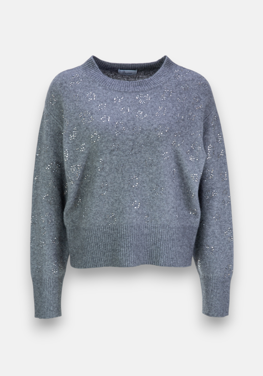 Grey oversize sweater with leopard rhinestone decoration