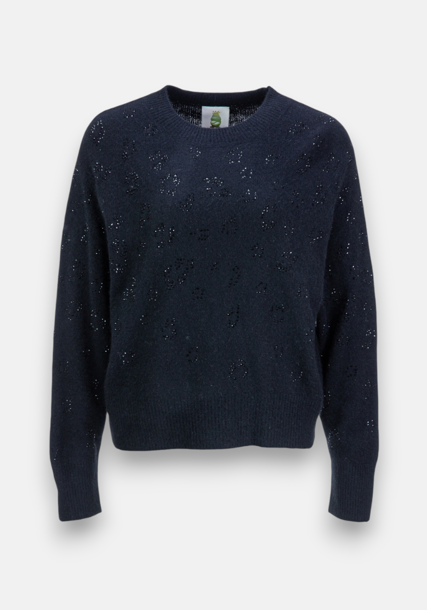 A navy blue Strickpullover by Princess Goes Hollywood with a round neckline, small shiny Strassverzierung on the front and sleeves, relaxed fit with Wolleanteil, ribbed cuffs and hem, shown against a plain white background.