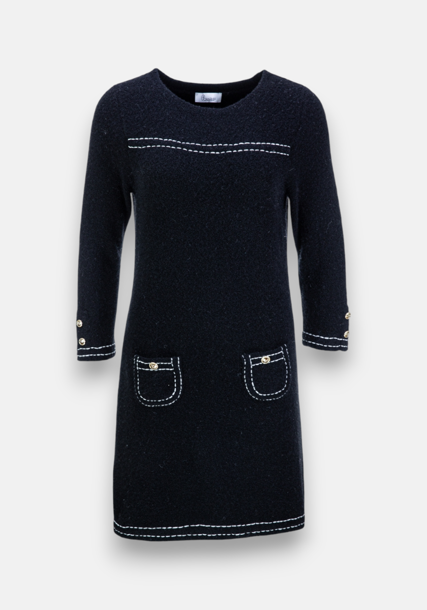 A knee-length black Strickkleid by Princess Goes Hollywood features three-quarter sleeves, white contrast stitching, two front pockets with gold-tone buttons, matching sleeve details, a straight silhouette, and a round neckline for a timeless look.