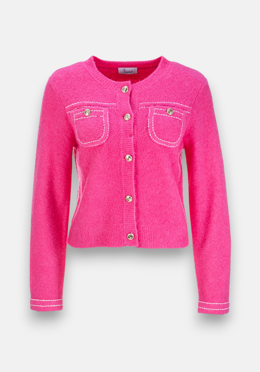 A bright pink, long-sleeve Merino-Kaschmir-Strickjacke from Princess Goes Hollywood features a Rundhalsausschnitt, two chest pockets, goldfarbene Knöpfe, and white stitched detailing on pocket edges, button placket, cuffs, and hem against a light background.