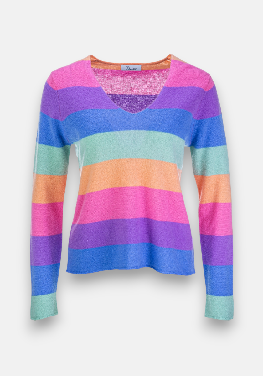 Der gestreifte V-Ausschnitt-Pullover von Princess Goes Hollywood aus weichem Kaschmir bietet dank lockerer Passform maximalen Komfort. Bunte Streifen in Lila, Blau, Grün, Gelb, Pink und Orange setzen modische Akzente.
