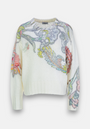 A white Princess Goes Hollywood wool-alpaca mix pullover with a round neckline and ribbed trims, adorned with colorful floral, paisley, and leaf embroidery in pink, green, yellow, and blue on the front and sleeves.