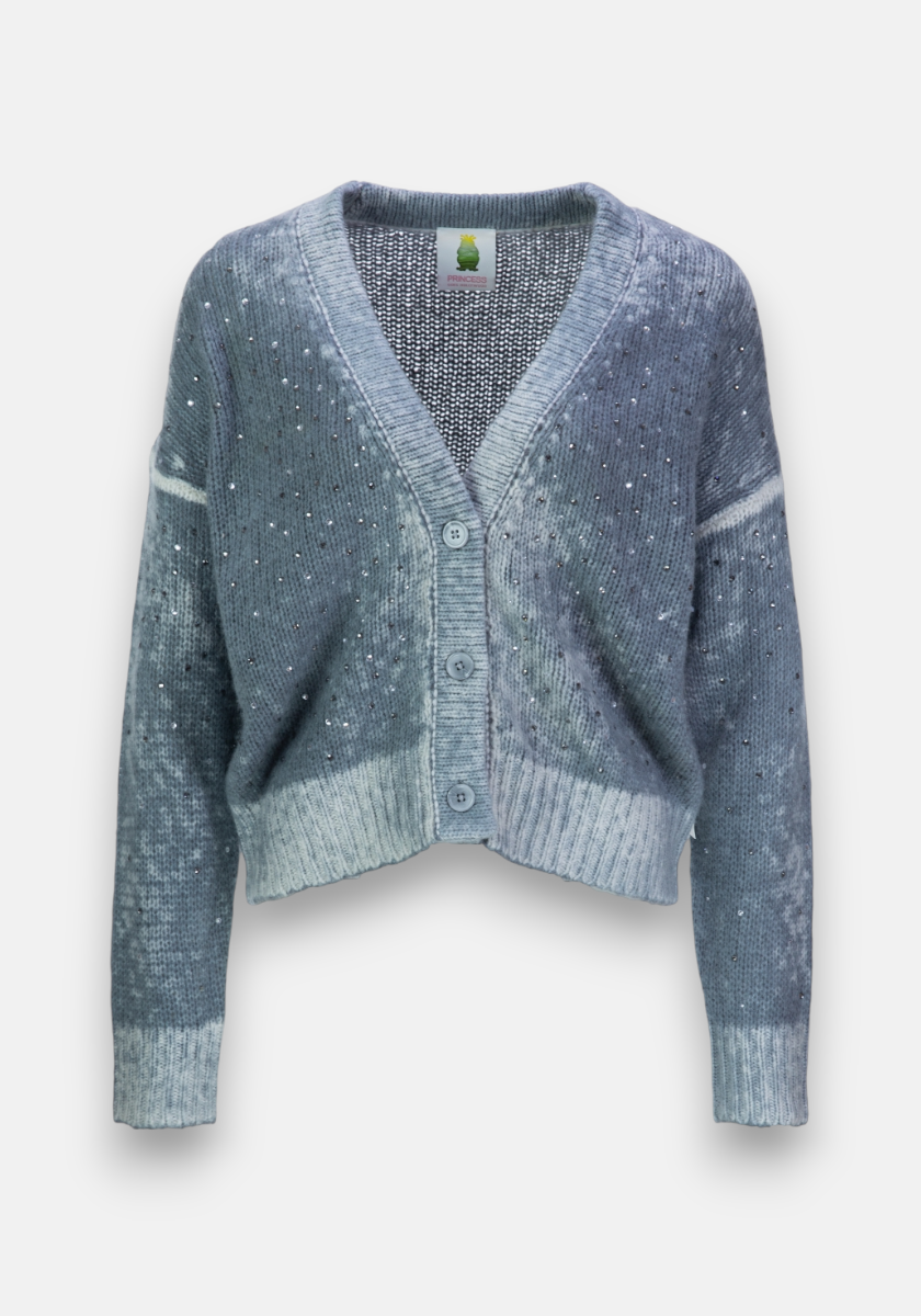 A blue Merino-Kaschmir Strickjacke by Princess Goes Hollywood featuring long sleeves, button-up front, V-neck, ribbed cuffs and hem, cropped cut, and sparkly Strassverzierungen. Displayed on a plain white background.