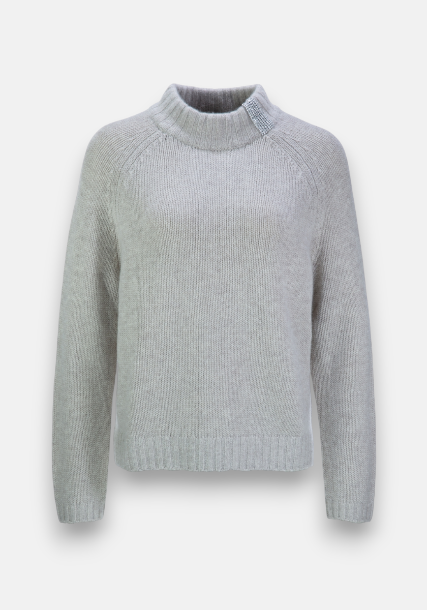 A light gray Princess Goes Hollywood Strickpullover aus Wolle-Kaschmir-Mix with long sleeves, ribbed Stehkragen, cuffs, and hem. It has a relaxed fit and soft texture, shown against a plain white background.