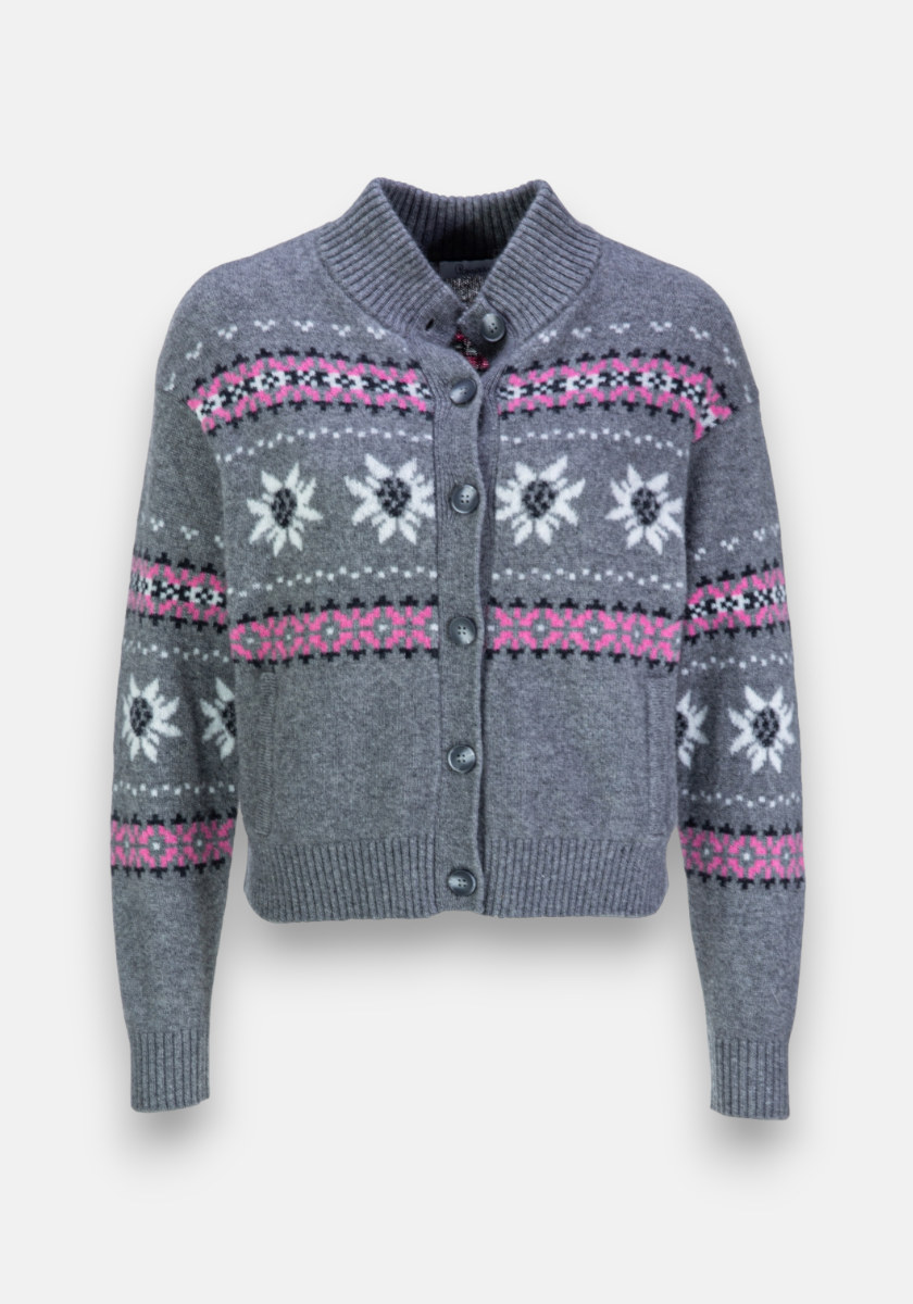 A grey button-up cardigan by Princess Goes Hollywood, with ribbed cuffs, hem, and a fold-over Stehkragen. Features a knitted pattern with white, pink, and black floral and geometric designs.