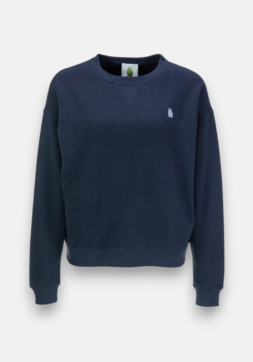 A navy blue Princess Goes Hollywood Sweatpullover with long sleeves, ribbed cuffs and hem, made from soft Baumwolle fleece. It features a small white embroidered logo on the left chest and is shown on a plain light gray background.