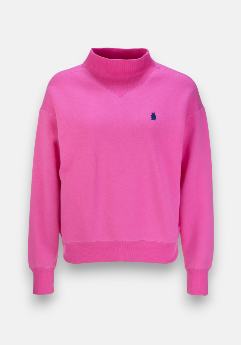 The Princess Goes Hollywood Sweatpullover is bright pink with long sleeves, a mock neck, ribbed cuffs and hem. Made from soft Baumwolle fleece, it has a small navy blue embroidered logo on the left chest and a relaxed fit with no visible fastenings.