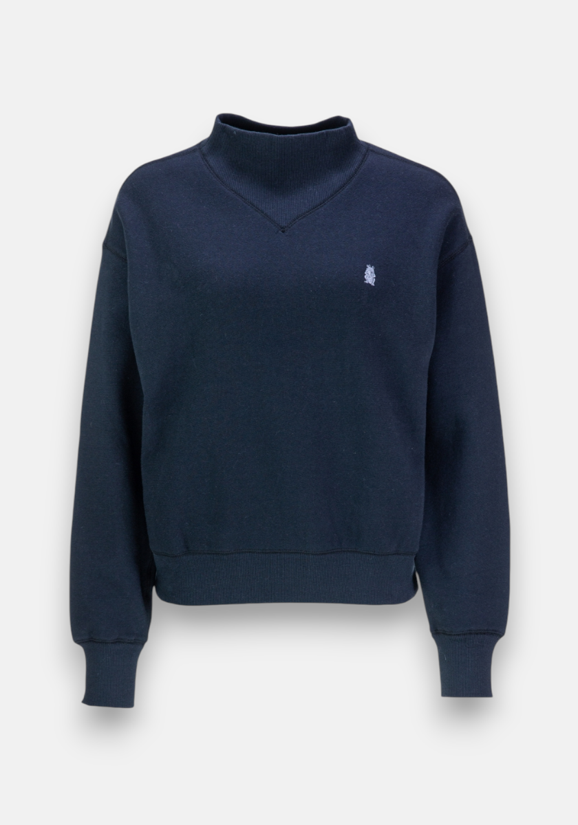 Princess Goes Hollywood navy blue Sweatpullover with long sleeves, ribbed cuffs and hem, and a small white embroidered logo on the left chest. Made from soft Baumwolle fleece in a relaxed fit. Light gray background. No visible pockets or zippers.